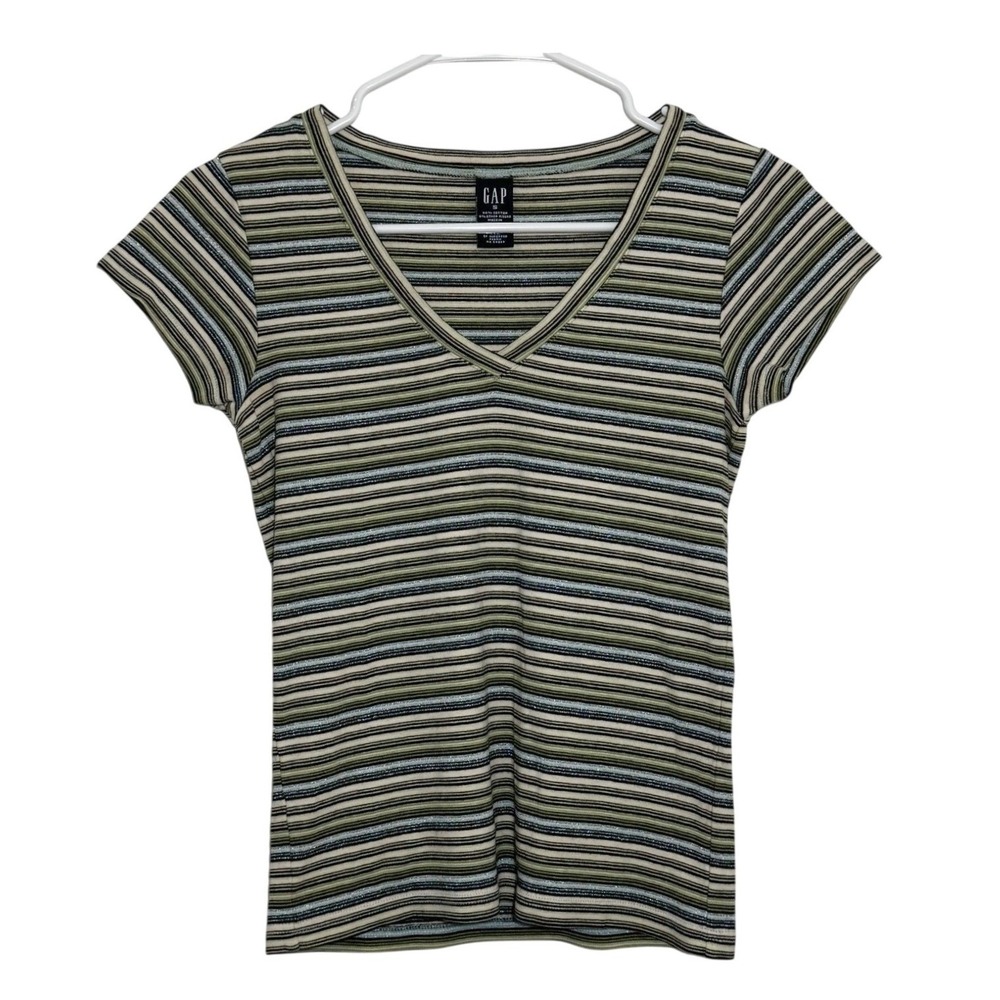 Gap V-Neck Top Multi-Color Striped Ribbed Short Sleeve Women Size S Vintage Look